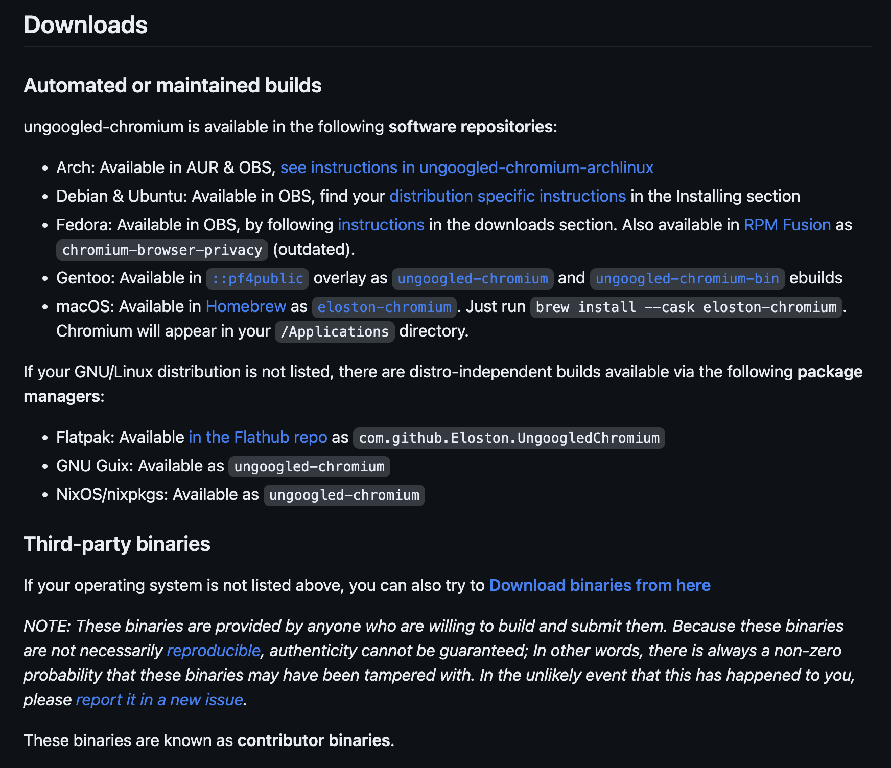 Screenshot of the "Downloads" section of the GitHub readme