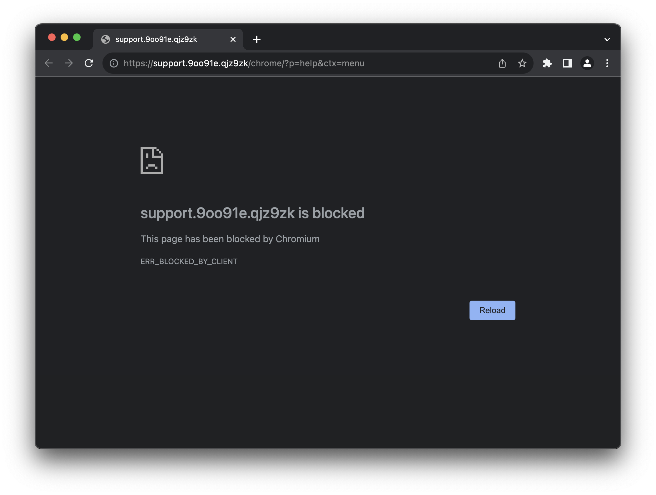 "support.9oo91e.qjz9zk is blocked - This page has been blocked by Chromium"
