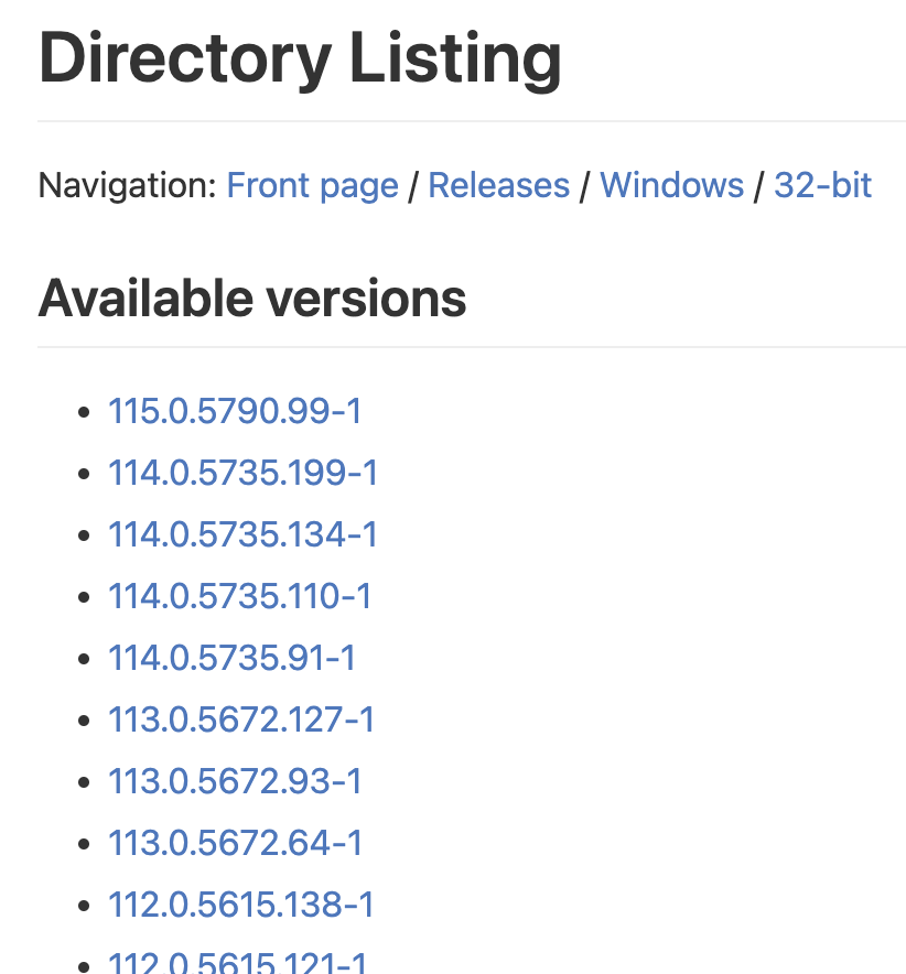 A list of all versions released for Windows 32 bit