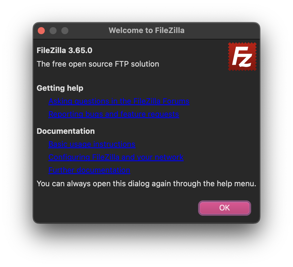 FileZilla onboarding dialog
